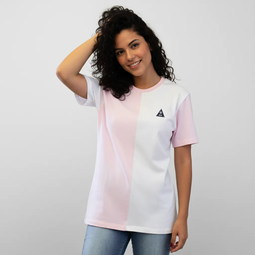 Camiseta Half Side Rosa e Branco- Algodão Orgânico