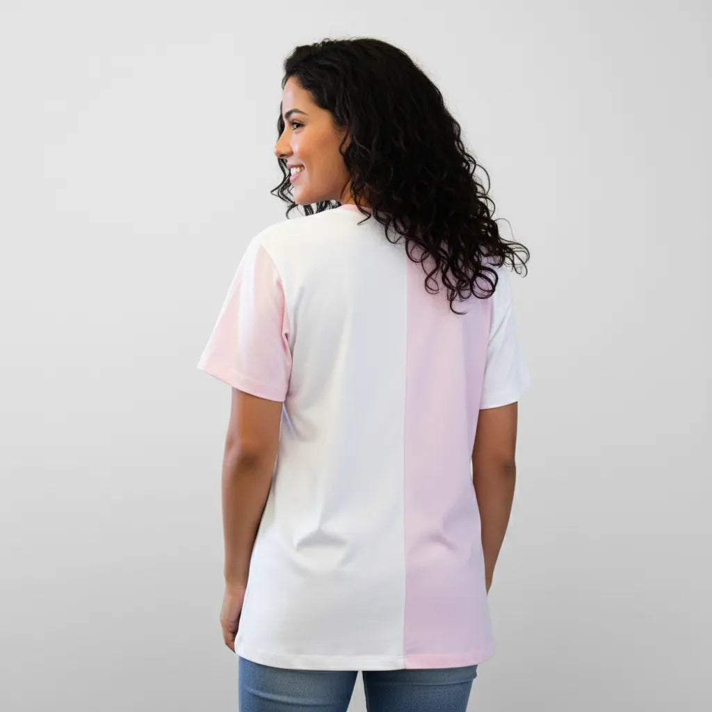 Camiseta Half Side Rosa e Branco- Algodão Orgânico